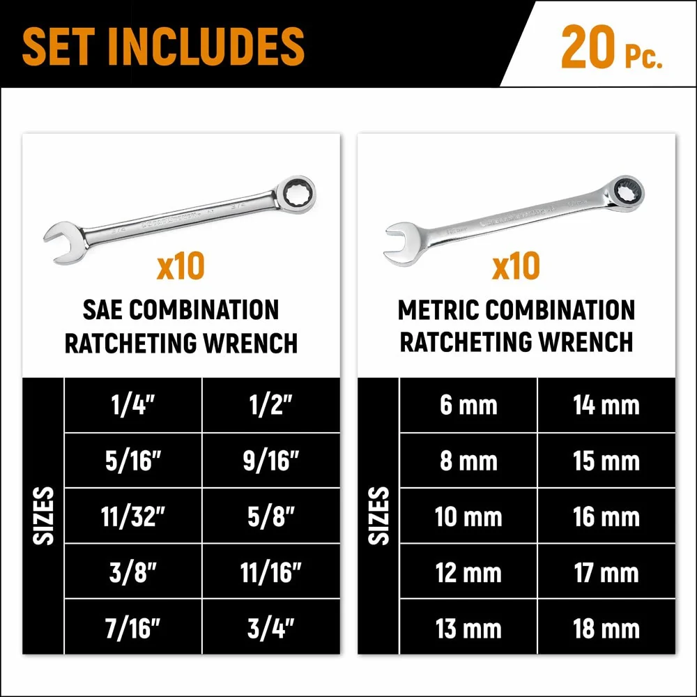 GearWrench 35720-06 20-Piece Set 12-Point Standard (SAE) and Metric Combination Ratchet Wrench Set - Image 7