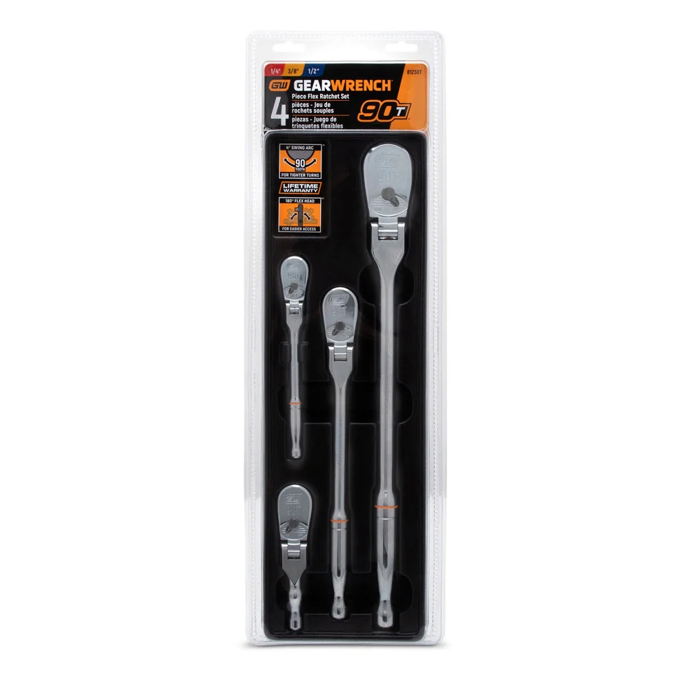 GearWrench 81230T 4 Pc. 1/4", 3/8" & 1/2" Drive 90-Tooth Flex Head Teardrop Ratchet Set - Image 5