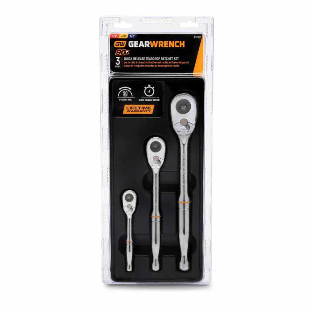 GearWrench 81310T 3 Pc. 1/4", 3/8" and 1/2" Drive 90-Tooth Quick Release Teardrop Ratchet Set - Image 3