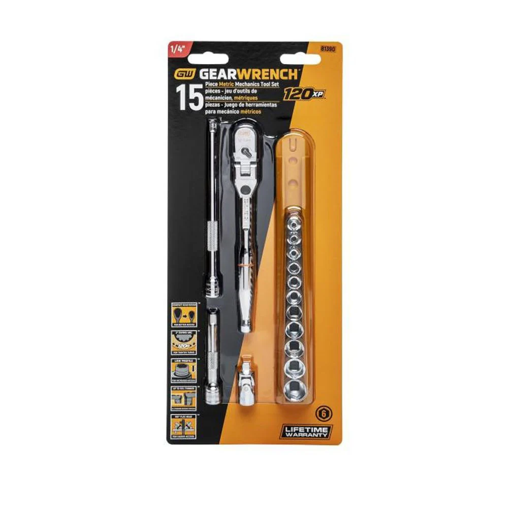 GearWrench 81390 15 Pc. 1/4" Drive 120XP Locking Flex Head Ratchet and 6 Point Metric Stubby Socket Mechanics Tool Set - Image 4