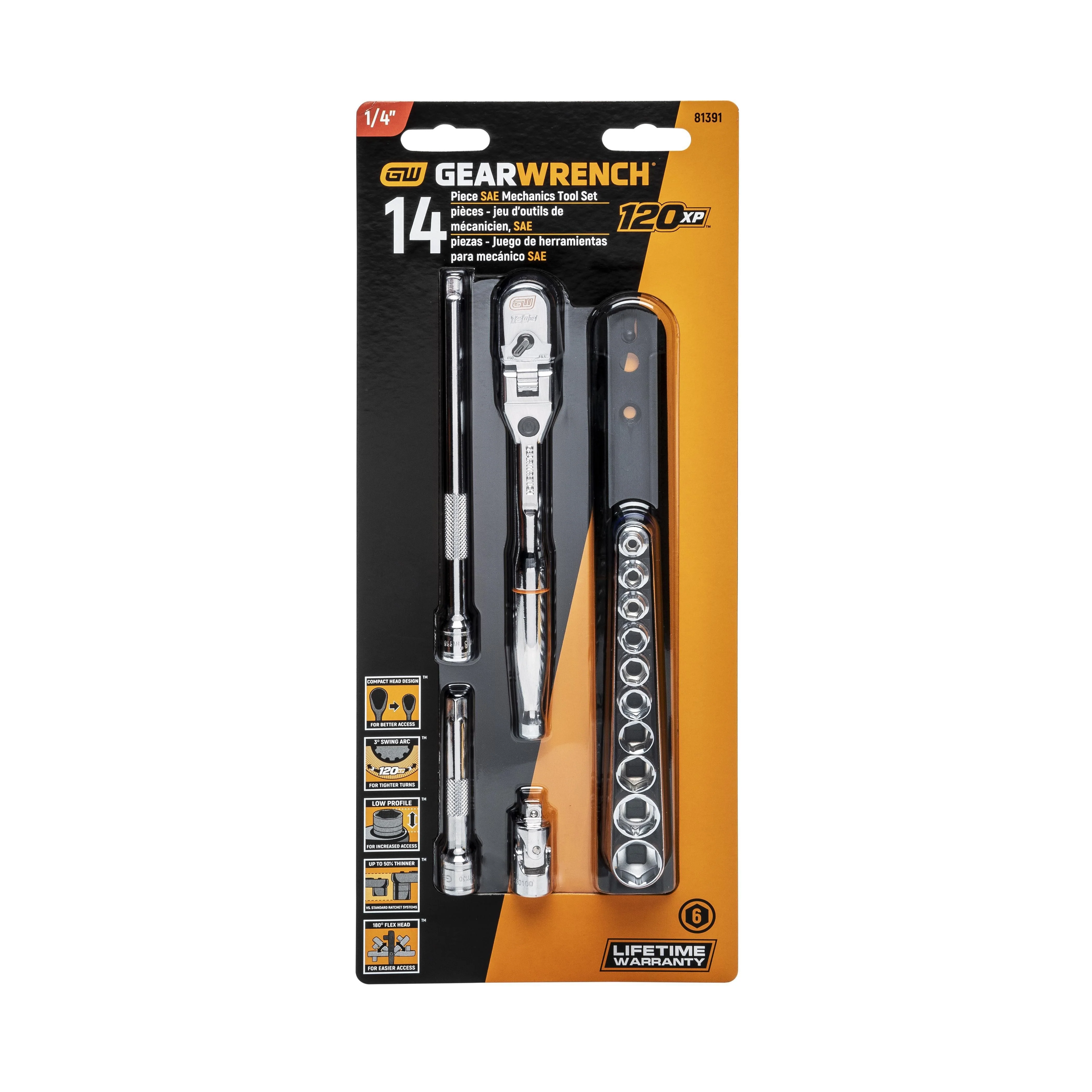 GearWrench 81391 14 Pc. 1/4" Drive 120XP Locking Flex Head Ratchet and 6 Point SAE Stubby Socket Mechanics Tool Set - Image 5
