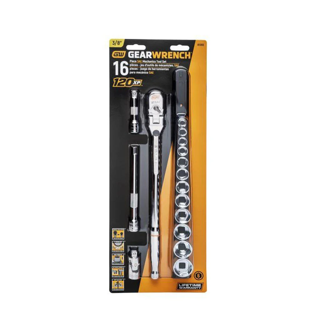 GearWrench 81393 16 Pc. 3/8" Drive 120XP Locking Flex Head Ratchet and 6 Point SAE Stubby Socket Mechanics Tool Set - Image 4