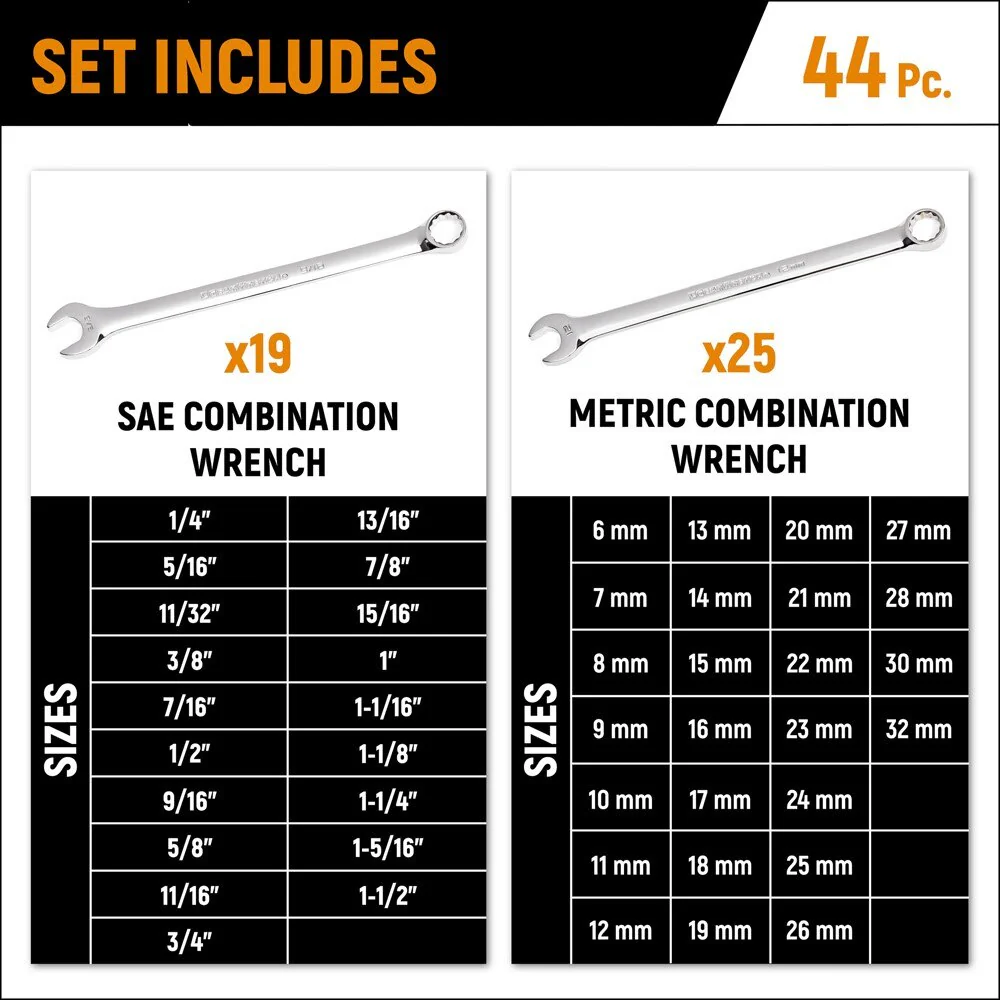 GearWrench 81919 44 Pc. 12 Point Long Pattern Combination SAE/Metric Wrench Set - Image 3