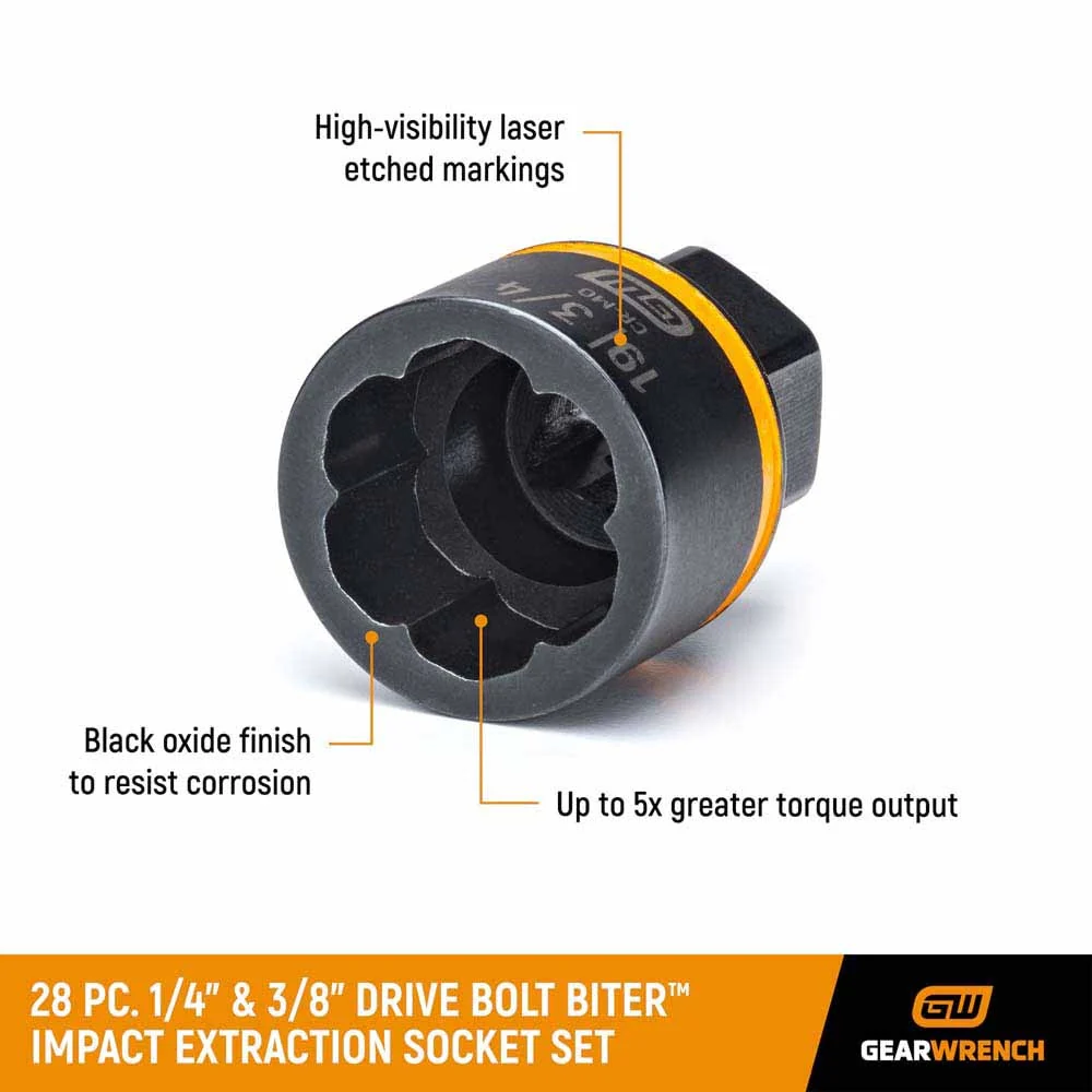 GearWrench 84784 28 Pc. 1/4" & 3/8" Drive Bolt Biter Impact Extraction Socket Set - Image 3
