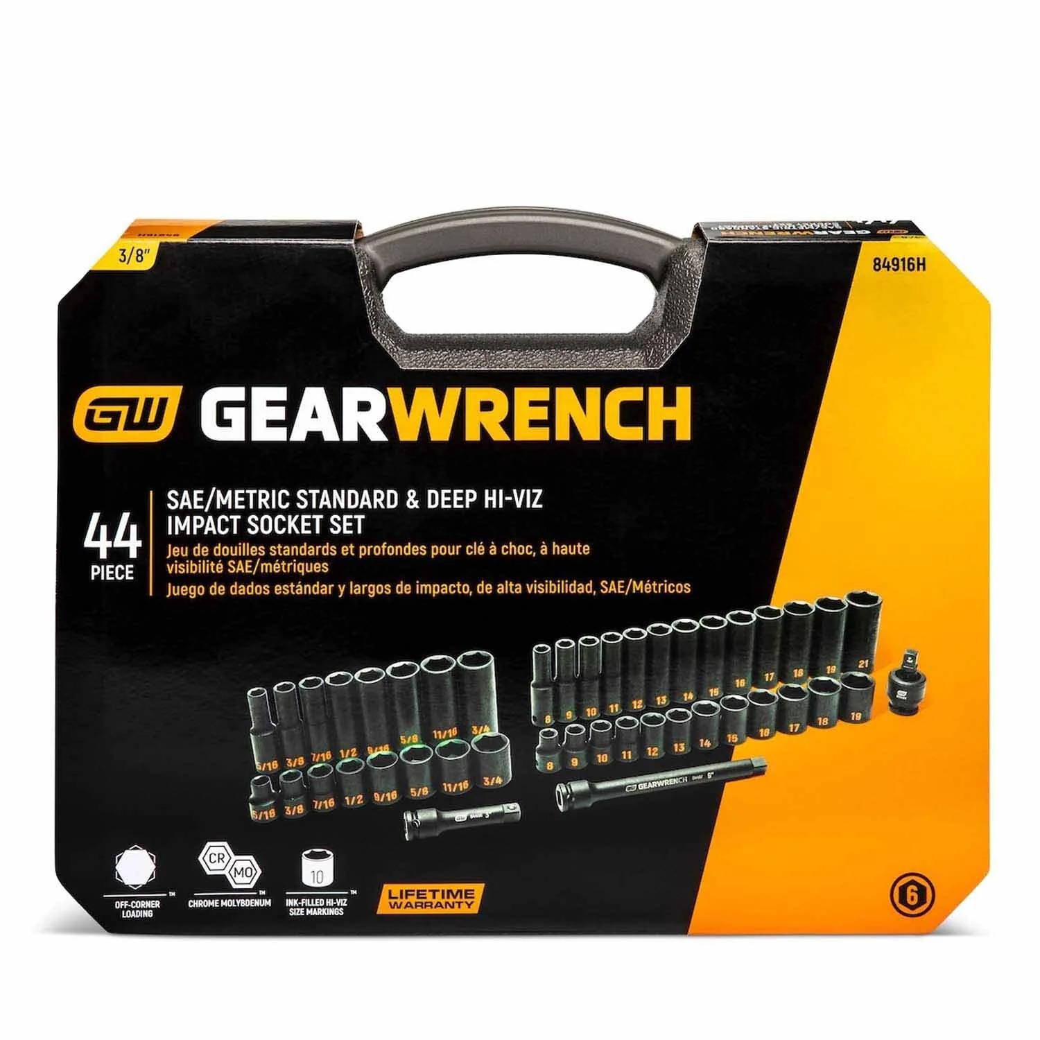 GearWrench 84916H 44 Piece 3/8" Drive 6 Point Standard & Deep Impact SAE/Metric Hi-Viz Socket Set - Image 4