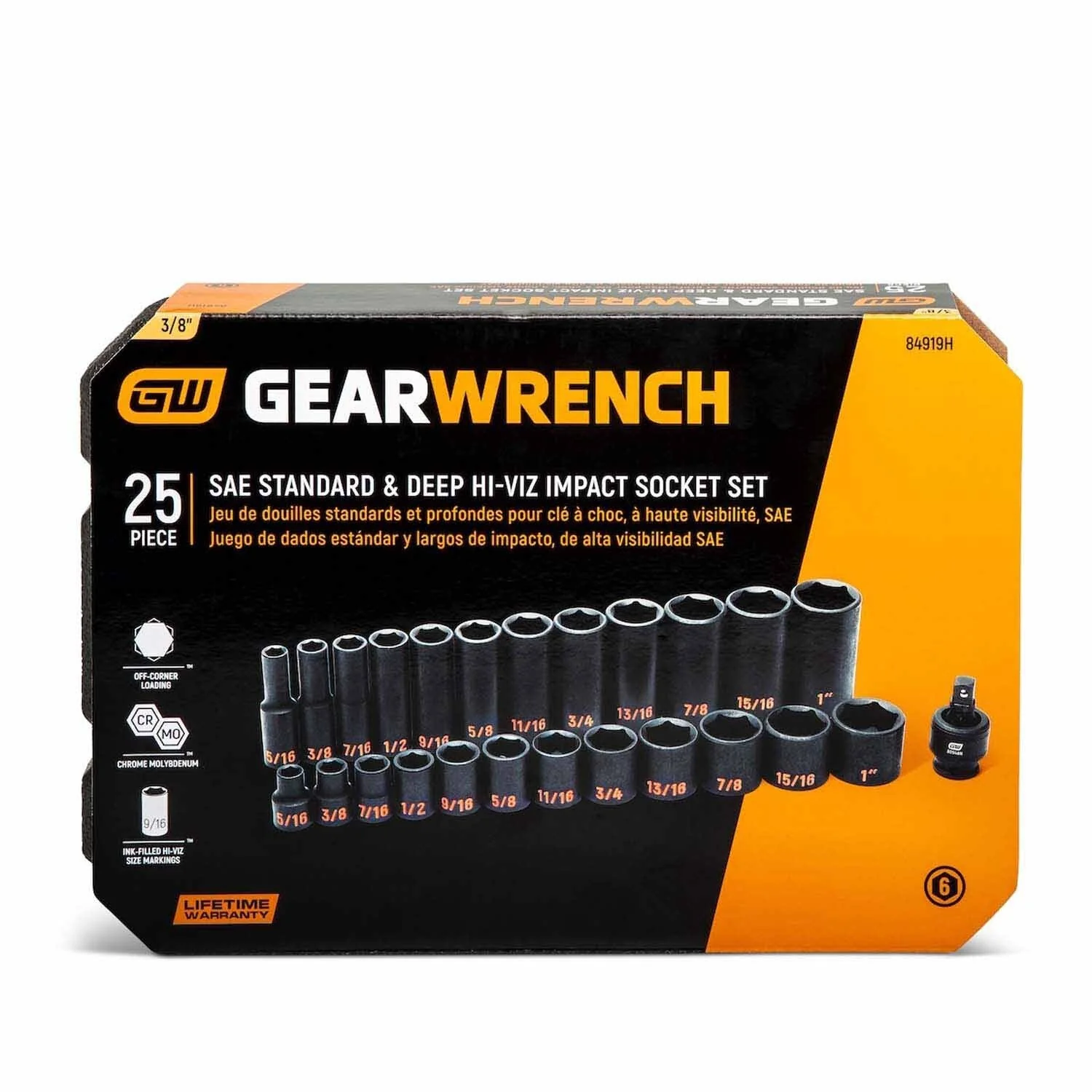 GearWrench 84919H 25 Piece 3/8" Drive 6 Point SAE Hi-Viz Standard & Deep Impact Socket Set - Image 4