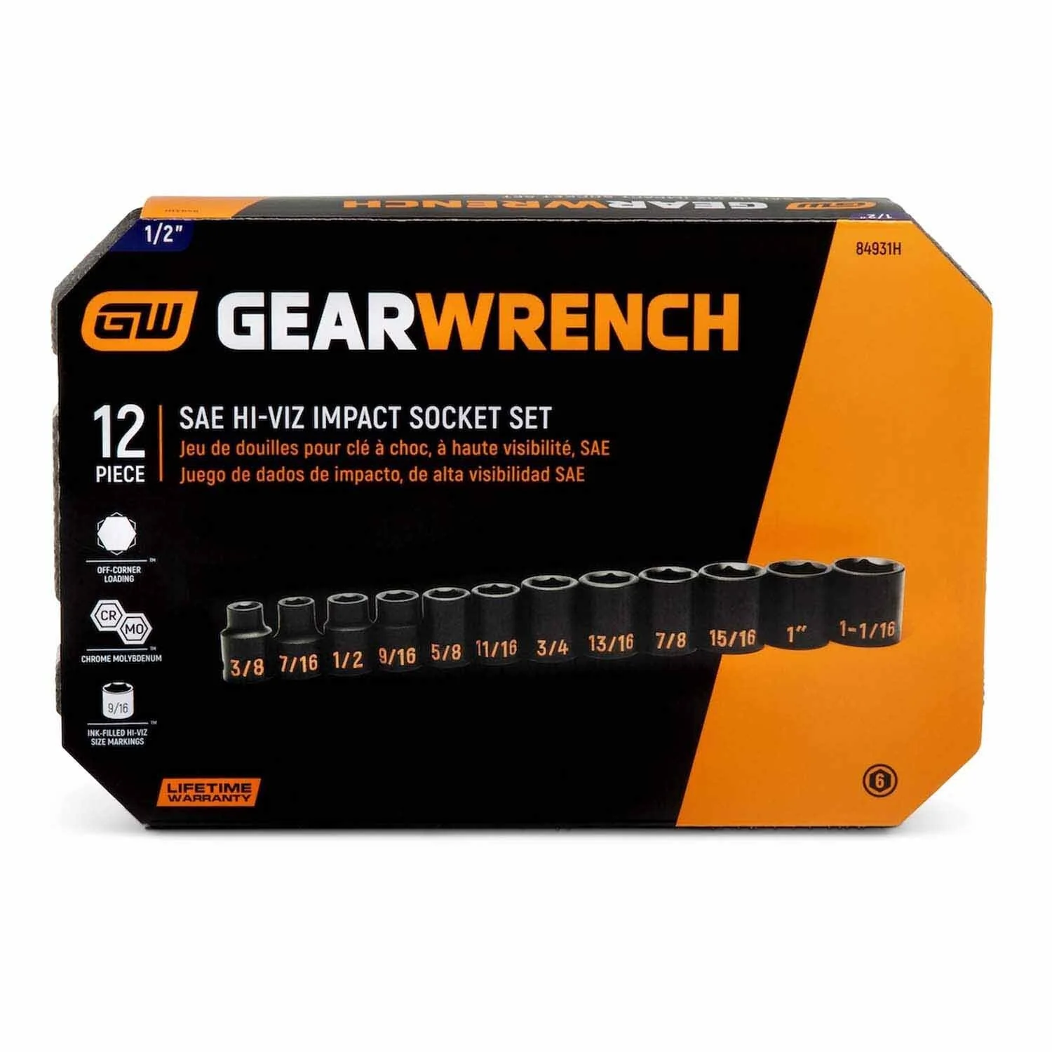 GearWrench 84931H 12 Piece 1/2" Drive 6 Point SAE Hi-Viz Impact Socket Set - Image 4