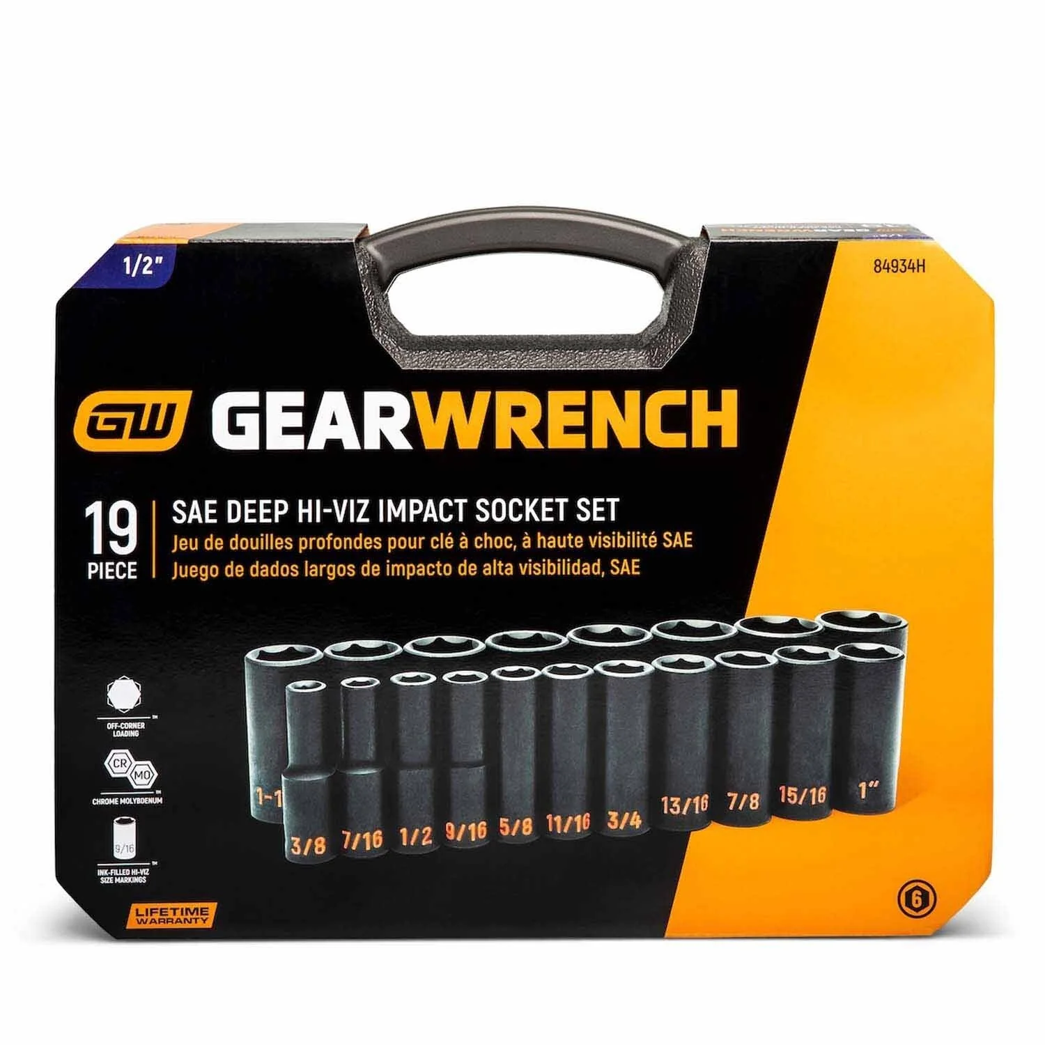 GearWrench 84934H 19 Piece 1/2" Drive 6 Point SAE Hi-Viz Deep Impact Socket Set - Image 4