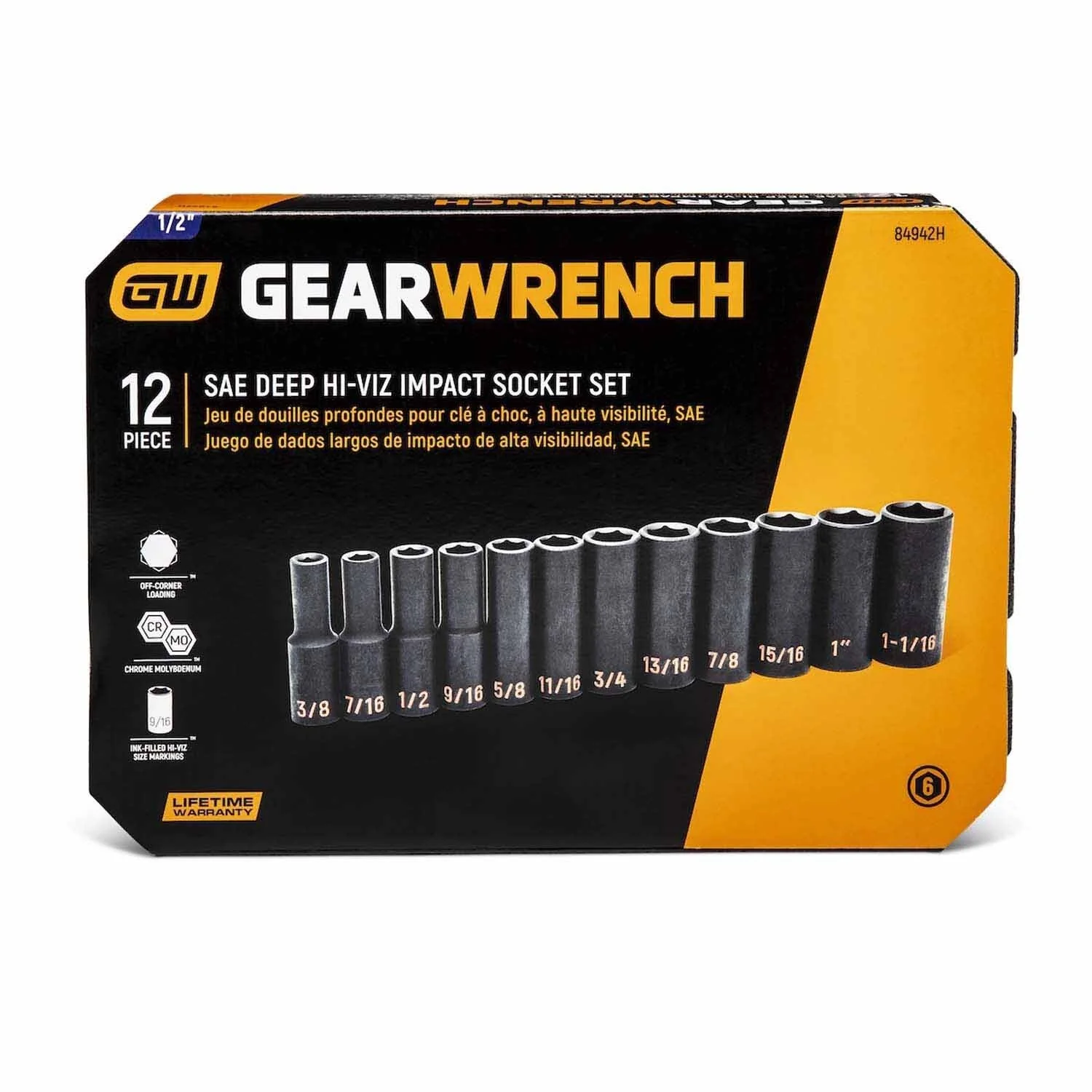 GearWrench 84942H 12 Piece 1/2" Drive 6 Point SAE Hi-Viz Deep Impact Socket Set - Image 4