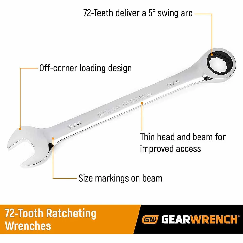 GearWrench 85034 34 Pc. 72-Tooth 12 Point Standard & Stubby Ratcheting Combination SAE/Metric Wrench Set - Image 5