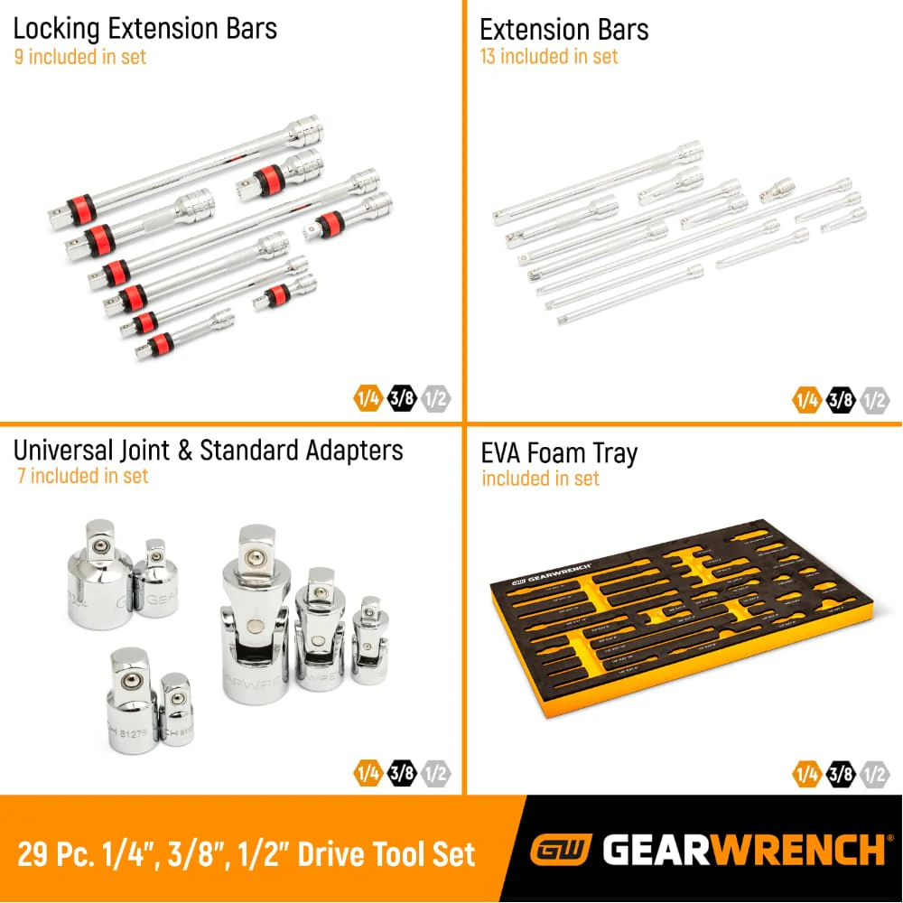 GearWrench 86523 29 Pc. 1/4", 3/8", 1/2" Drive Chrome Tool Accessories Set with EVA Foam Tray - Image 2