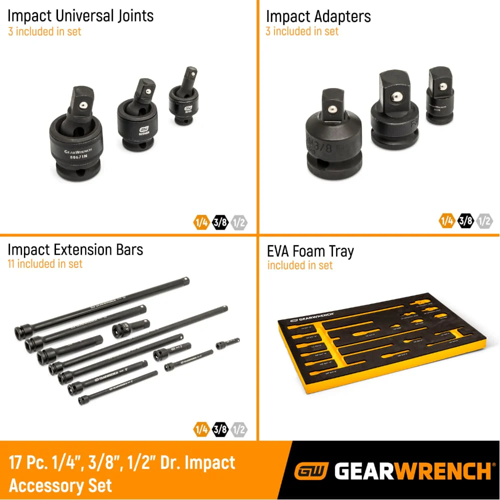 GearWrench 86524 17 pc. 1/4", 3/8", 1/2" Impact Drive Tool Accessories Set with EVA Foam Tray - Image 2