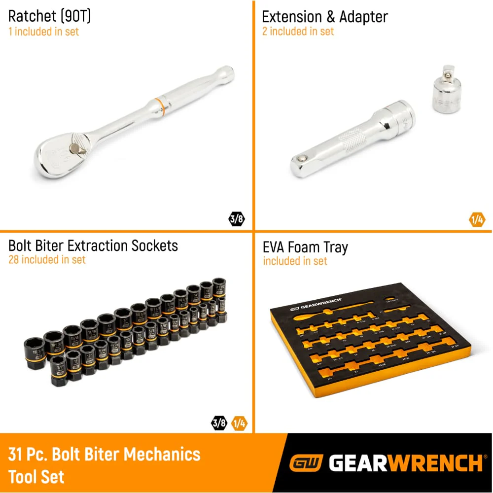 GearWrench 86525 31 Pc. 3/8" Drive 90T Ratchet and Bolt Biter Socket Set MM/SAE with EVA Foam Tray - Image 2