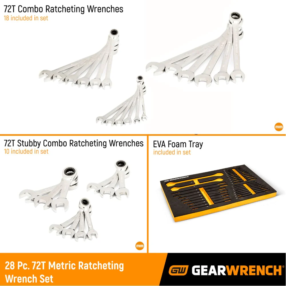 GearWrench 86527 28 Pc. 72-Tooth 12 Point Metric Standard & Stubby Combination Ratcheting Wrench Set with EVA Foam Tray - Image 2