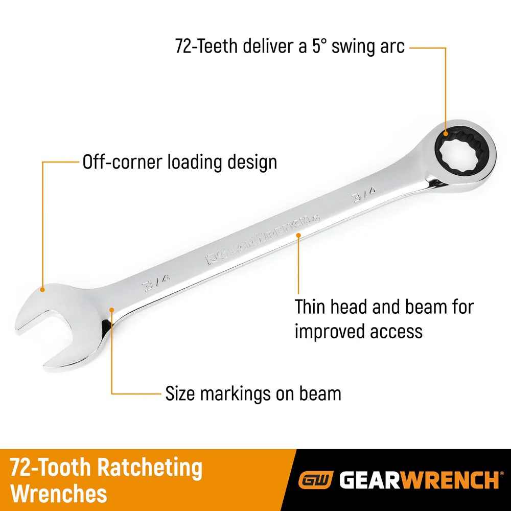 GearWrench 93005 5 Pc. 72-Tooth 12 Point Ratcheting Combination SAE Wrench Set - Image 2