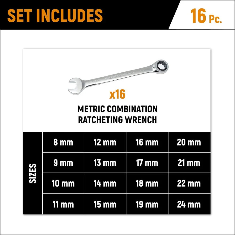 GearWrench 9416 16 Pc. 72-Tooth 12 Point Ratcheting Combination Metric Wrench Set - Image 3