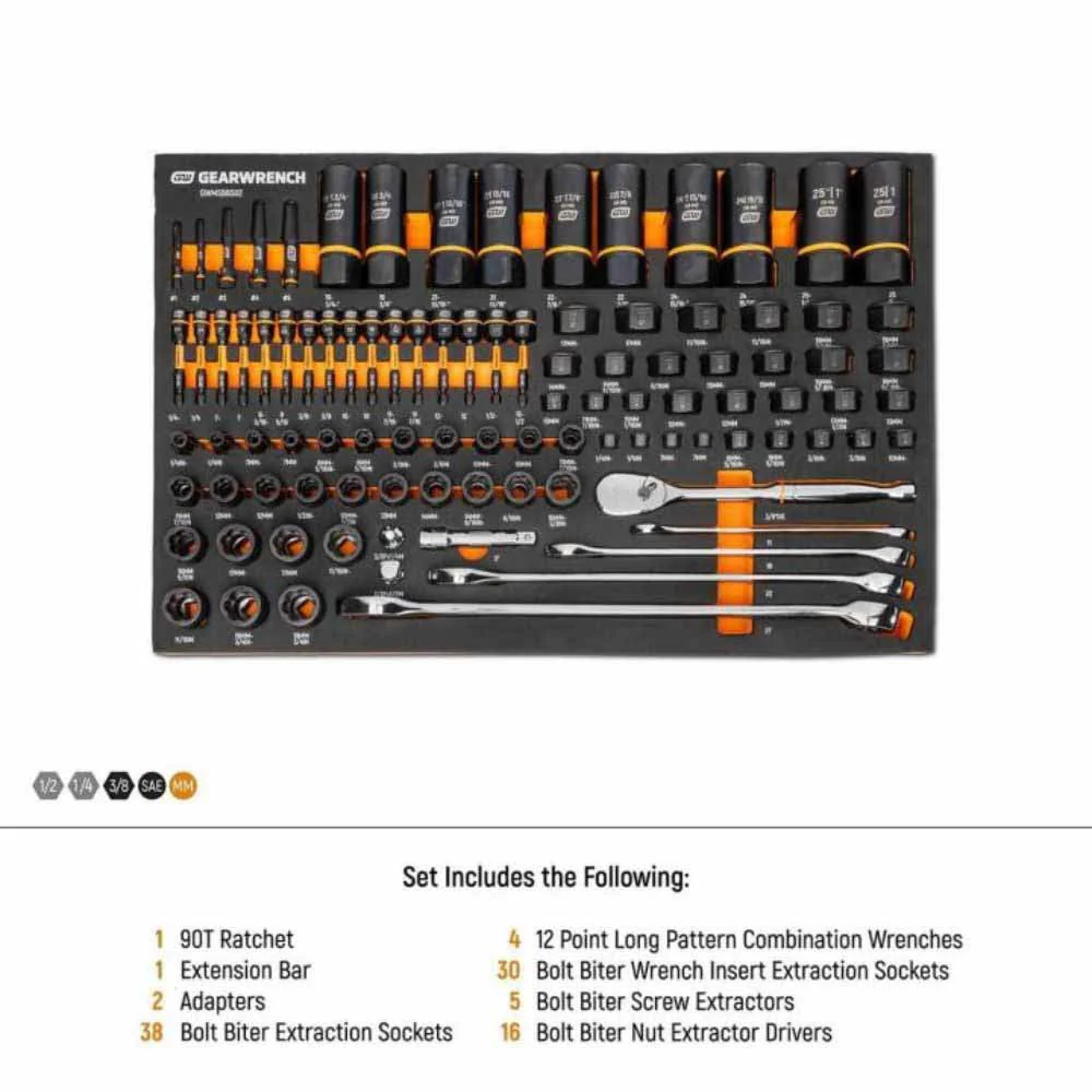 Gearwrench GWMSBBS02 97 Piece 1/4”, 3/8”, 1/2” Drive Bolt Biter™ Mechanics Tool Set in Foam Storage Tray - Image 5