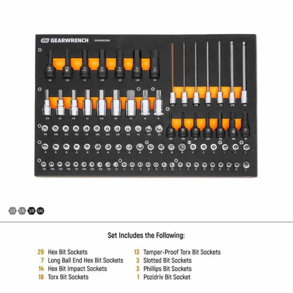 Gearwrench GWMSBSKCBSAE 88 Piece 1/4”, 3/8”, 1/2” Drive SAE Bit Socket Set in Foam Storage Tray - Image 5