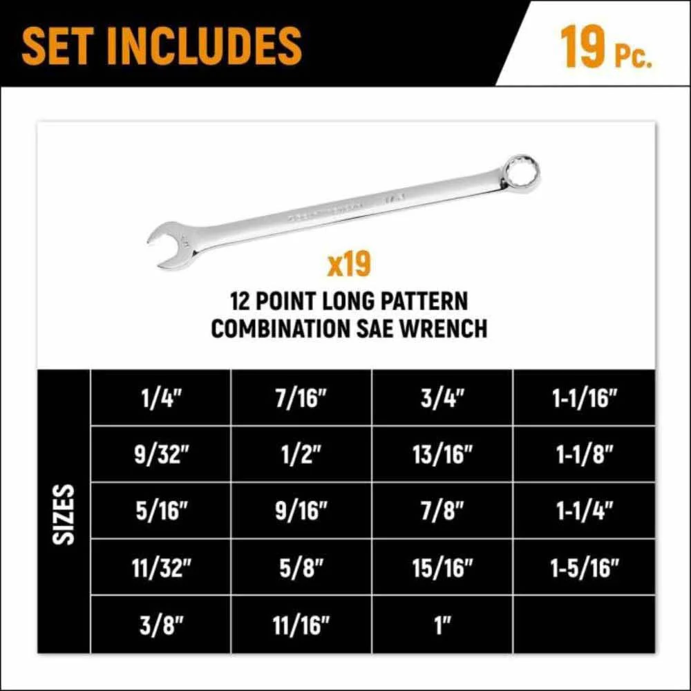 Gearwrench GWMSCWL12SAE 19 Piece 12 Point Long Pattern Combination SAE Wrench Set - Image 6
